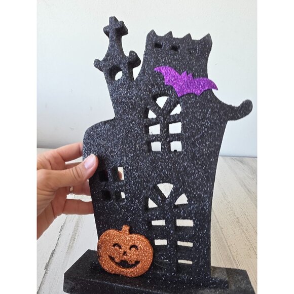 Glitter haunted house Halloween decor pumpkin bat sparkle black - Picture 2 of 6